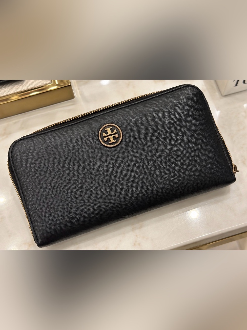 Tory Burch Black Saffiano Reva Leather Zip Continental Wallet with Gold Logo